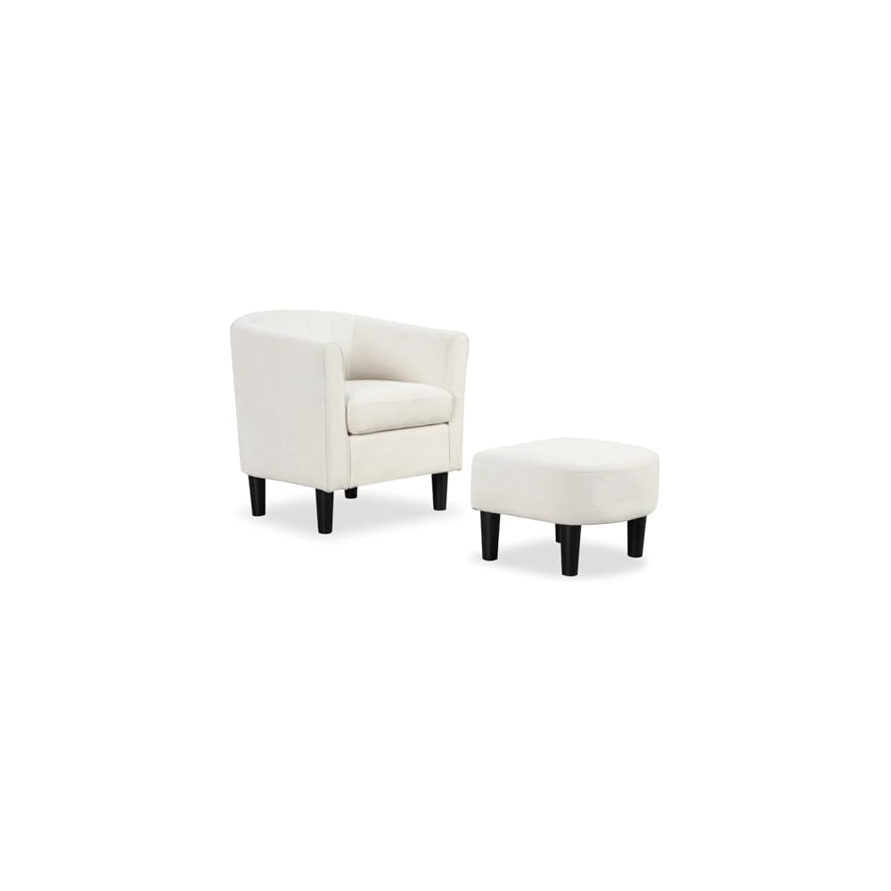KOMFOTT Accent Chair with Ottoman, Upholstered Teddy Velvet Barrel Chair with Footrest, Comfy Club Sofa with Curved Backrest, Thick Seat Cushion, Modern Arm Chair for Living Room, Bedroom, Beige