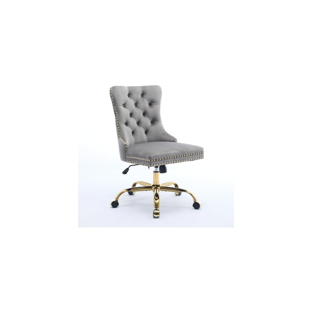 Hassyee Furniture Office Chair,Modern Velvet Upholstered Tufted Button Home Office Chair with Golden Metal Base, Adjustable and Swivel (Gray1)