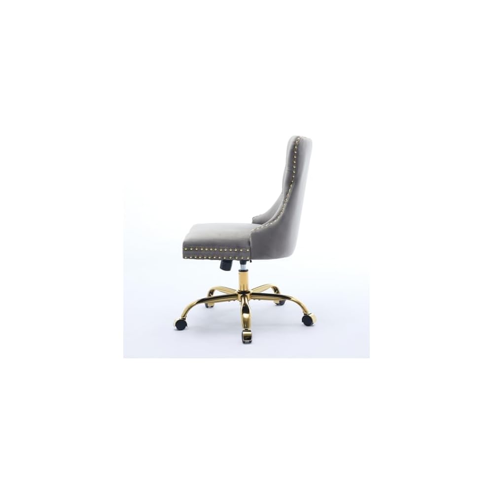 Hassyee Furniture Office Chair,Modern Velvet Upholstered Tufted Button Home Office Chair with Golden Metal Base, Adjustable and Swivel (Gray1)