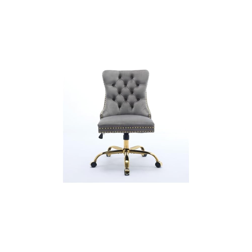 Hassyee Furniture Office Chair,Modern Velvet Upholstered Tufted Button Home Office Chair with Golden Metal Base, Adjustable and Swivel (Gray1)