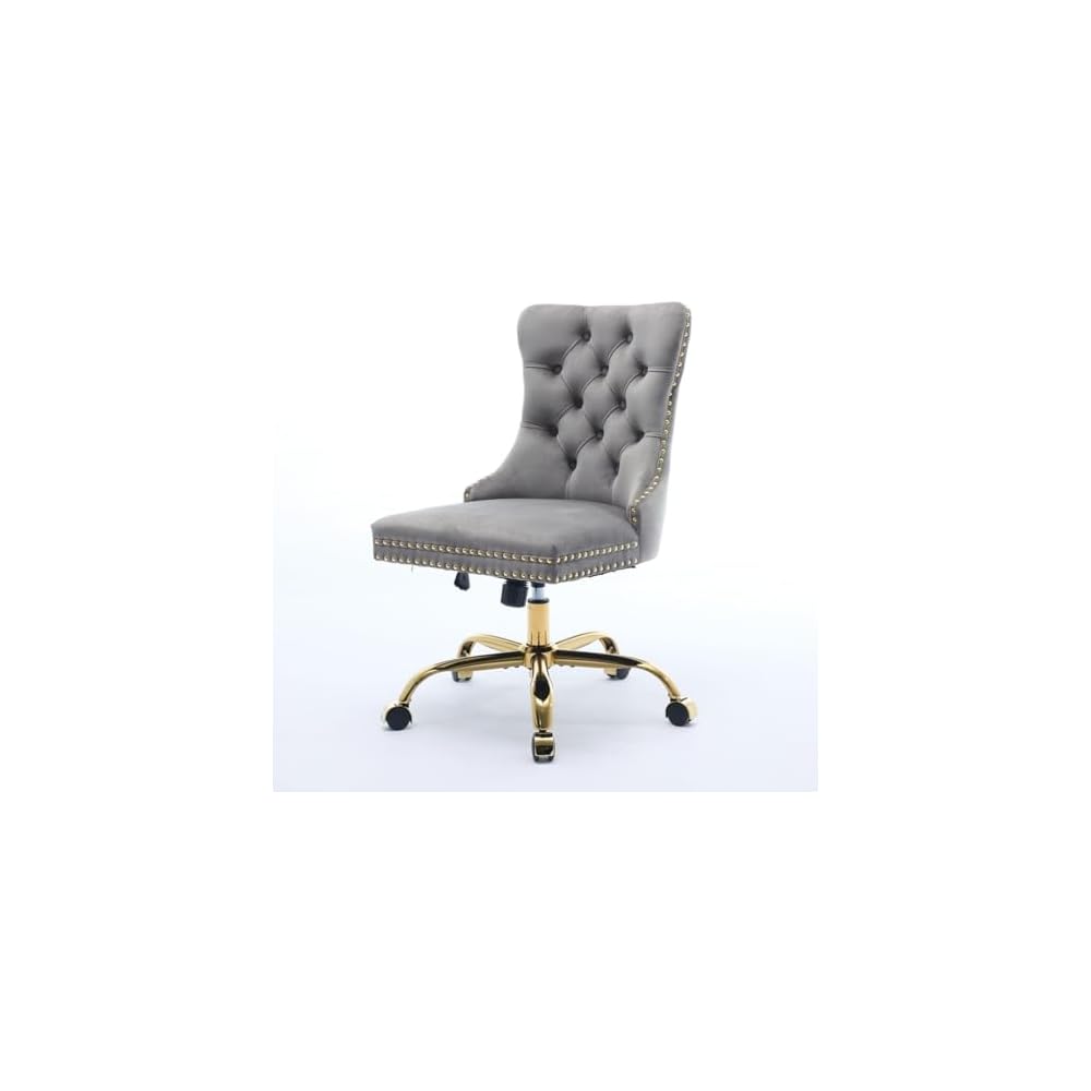 Hassyee Furniture Office Chair,Modern Velvet Upholstered Tufted Button Home Office Chair with Golden Metal Base, Adjustable and Swivel (Gray1)