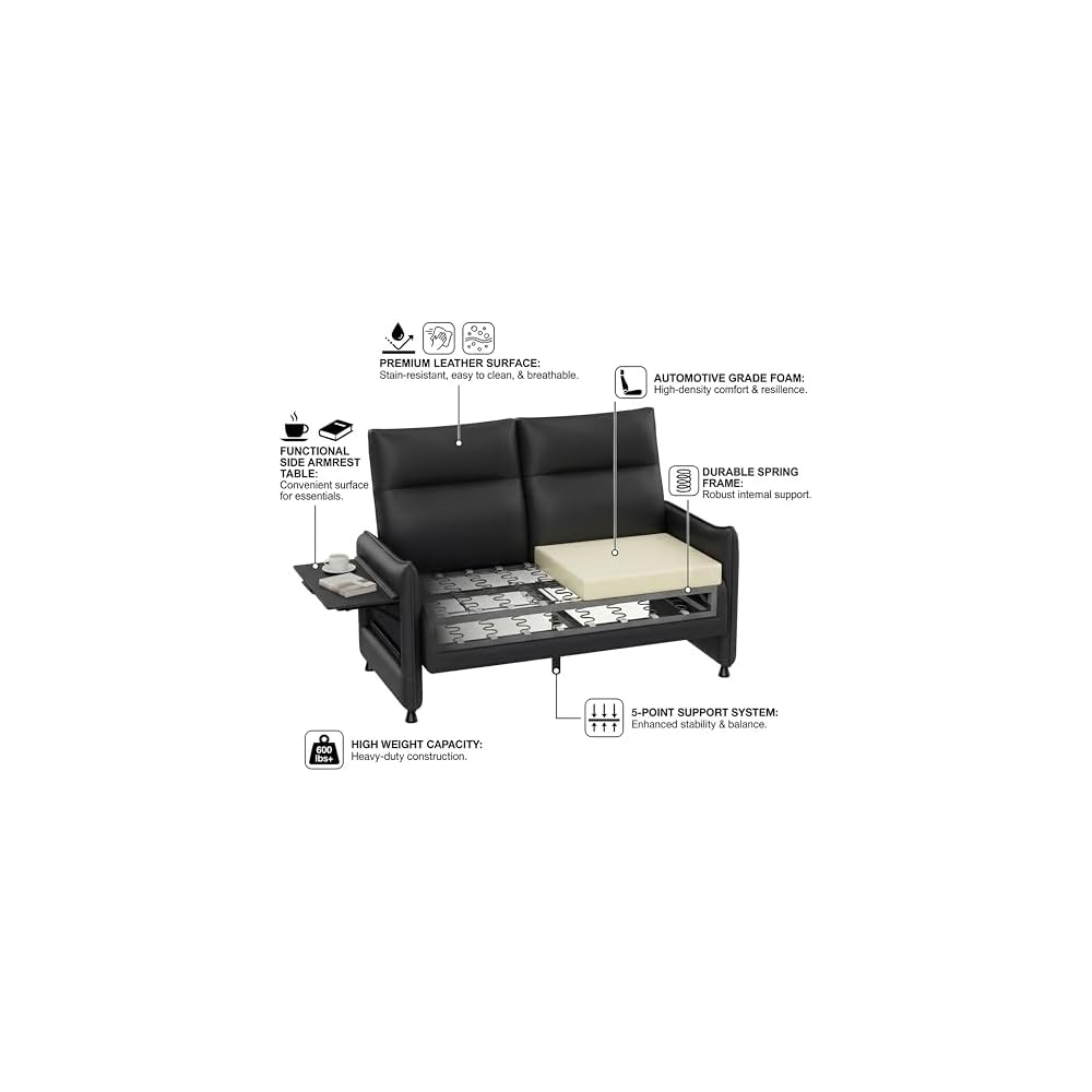 Small Loveseat Sofa Faux Leather 2 Seater Couch with Flip Up Tray Table and Side Pockets for Living Room Bedroom Apartment Office