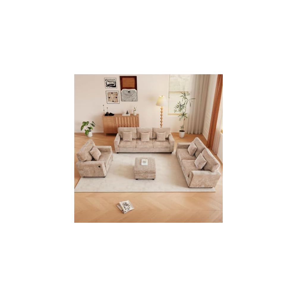 RARZOE 3-Piece Chenille Sofa Set with Ottoman for Living Room (Light Brown)