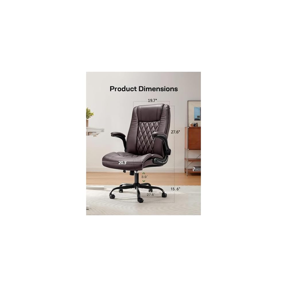 Marsail Executive Office Chair Ergonomic Desk Chair with Flip-up Armrests PU Leather Height-Adjustable Swivel Rolling Brown