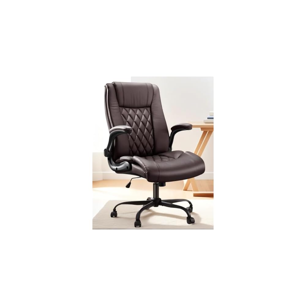 Marsail Executive Office Chair Ergonomic Desk Chair with Flip-up Armrests PU Leather Height-Adjustable Swivel Rolling Brown