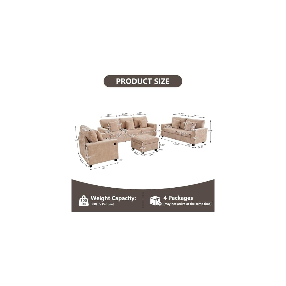RARZOE 3-Piece Chenille Sofa Set with Ottoman for Living Room (Light Brown)