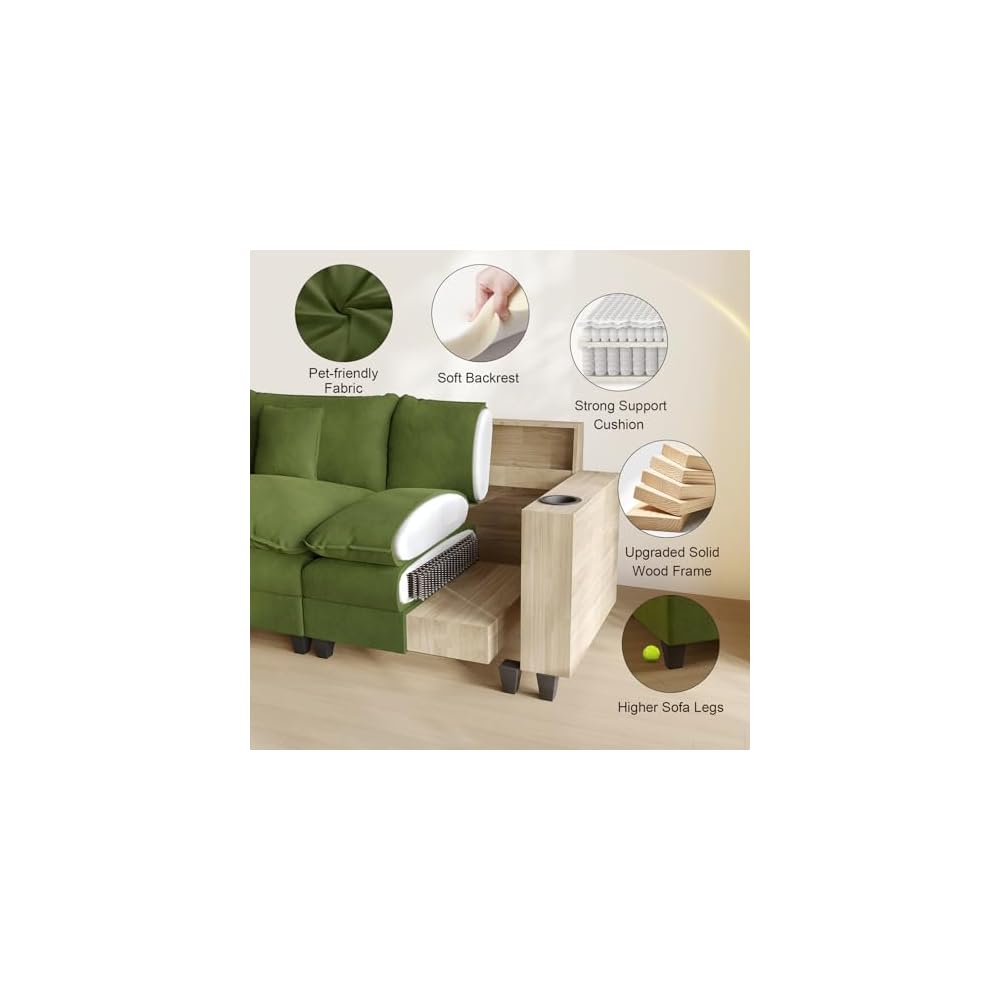 KCGKCG 116" Modular U Shaped Cloud Couch, Chenille Sectional Couches for Living Room with Ottoman, Deep Seat Sofa Cloud Sectional Couch with Charging Station, Cup Holder, Side Pocket, Green