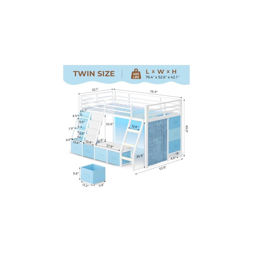 MSmask Low Loft Bed with 7 Storage Drawers & Reading Nook, Kids Twin Loft Bed with Bookshelf, LED Lights & Safety Guardrail, Loft Bed Twin Size with 35.8''H Play Space, Inclined Ladder, White & Blue