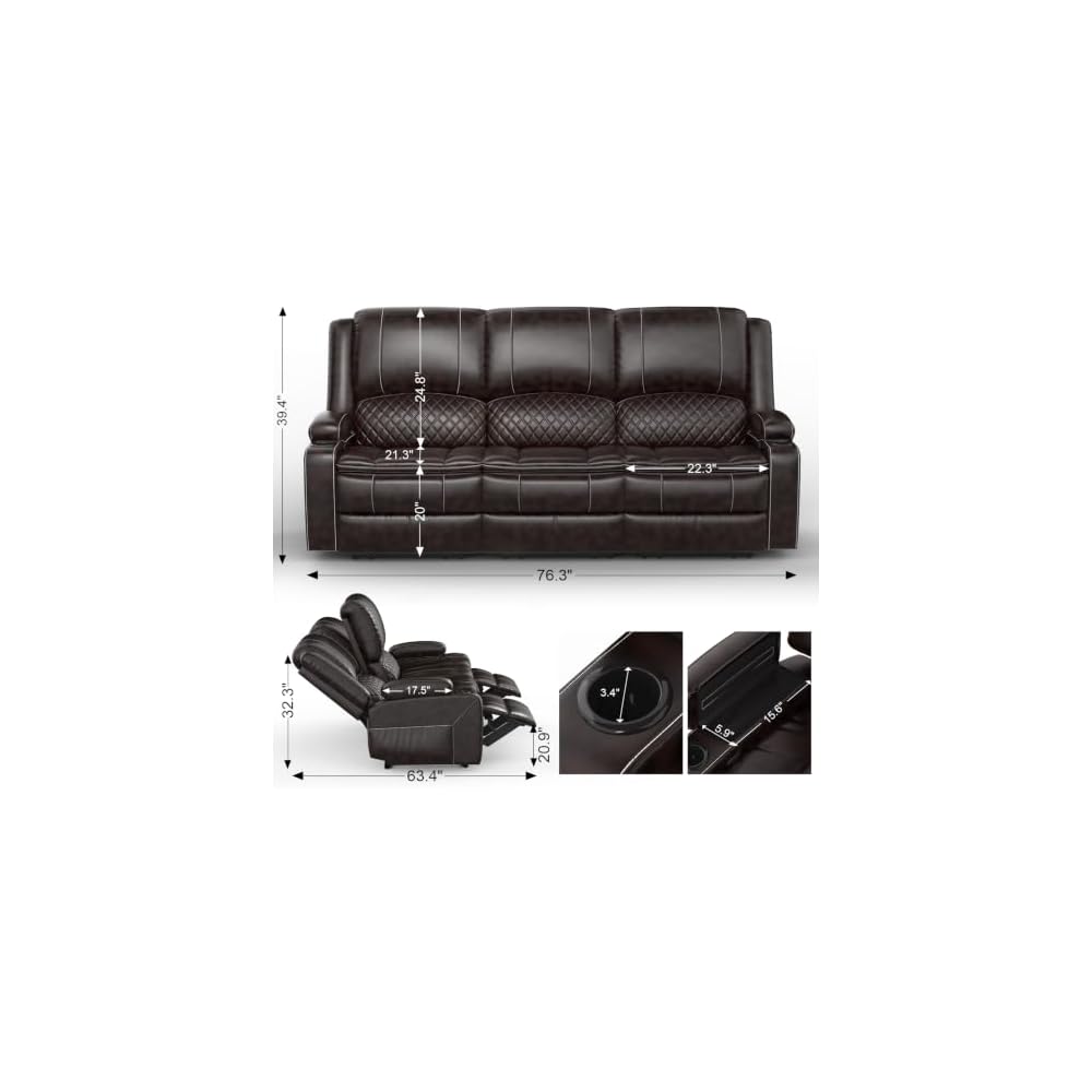 Yolsali 3-Seater Recliner Sofa, Manual Reclining Couch with Multi-Functional Middle Seat, Reclining Sofa for Living Room with Hidden Storage Space, Cup Holders, and Removable Console - PU Brown