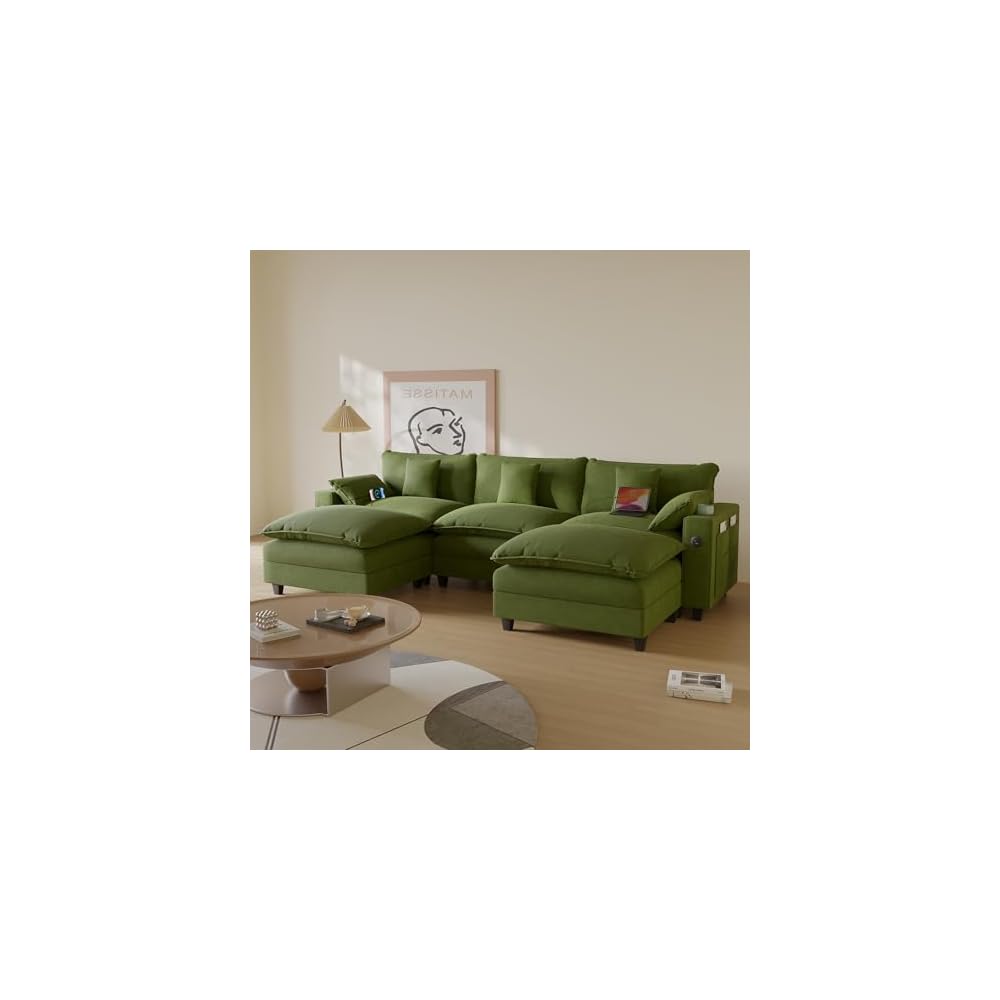 KCGKCG 116" Modular U Shaped Cloud Couch, Chenille Sectional Couches for Living Room with Ottoman, Deep Seat Sofa Cloud Sectional Couch with Charging Station, Cup Holder, Side Pocket, Green