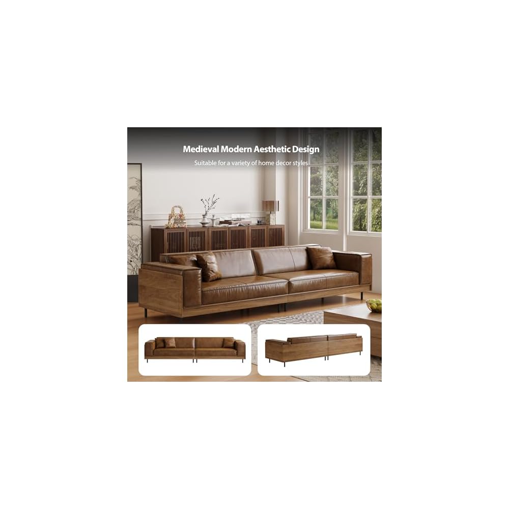 Mid-Century Modern PU Leather Sofa, 110.24" Brown Cloud Couch