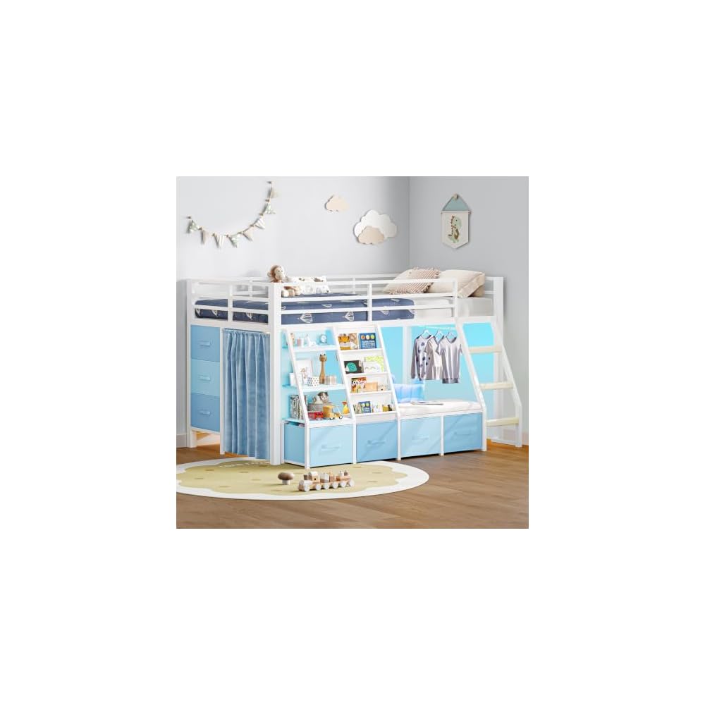 MSmask Low Loft Bed with 7 Storage Drawers & Reading Nook, Kids Twin Loft Bed with Bookshelf, LED Lights & Safety Guardrail, Loft Bed Twin Size with 35.8''H Play Space, Inclined Ladder, White & Blue