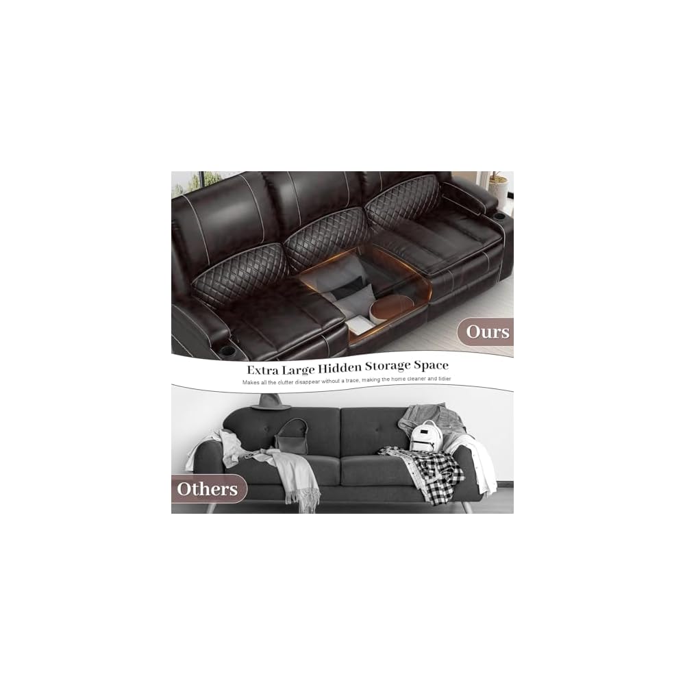 Yolsali 3-Seater Recliner Sofa, Manual Reclining Couch with Multi-Functional Middle Seat, Reclining Sofa for Living Room with Hidden Storage Space, Cup Holders, and Removable Console - PU Brown