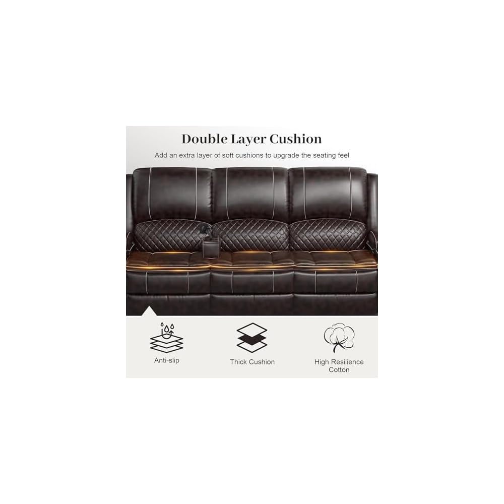 Yolsali 3-Seater Recliner Sofa, Manual Reclining Couch with Multi-Functional Middle Seat, Reclining Sofa for Living Room with Hidden Storage Space, Cup Holders, and Removable Console - PU Brown