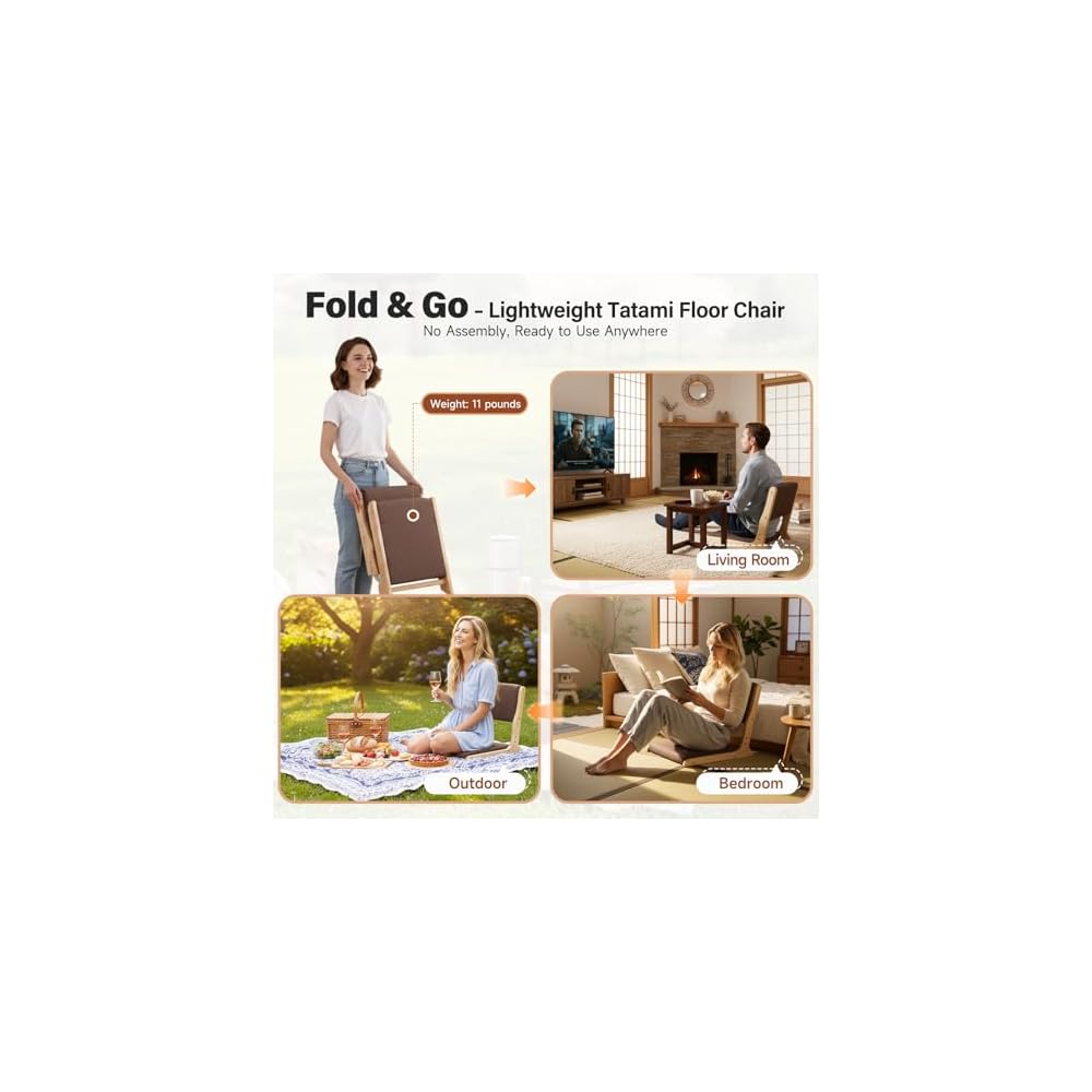 Tiita 2-Pack Foldable Meditation Floor Chairs, Back Support, Wood Brown