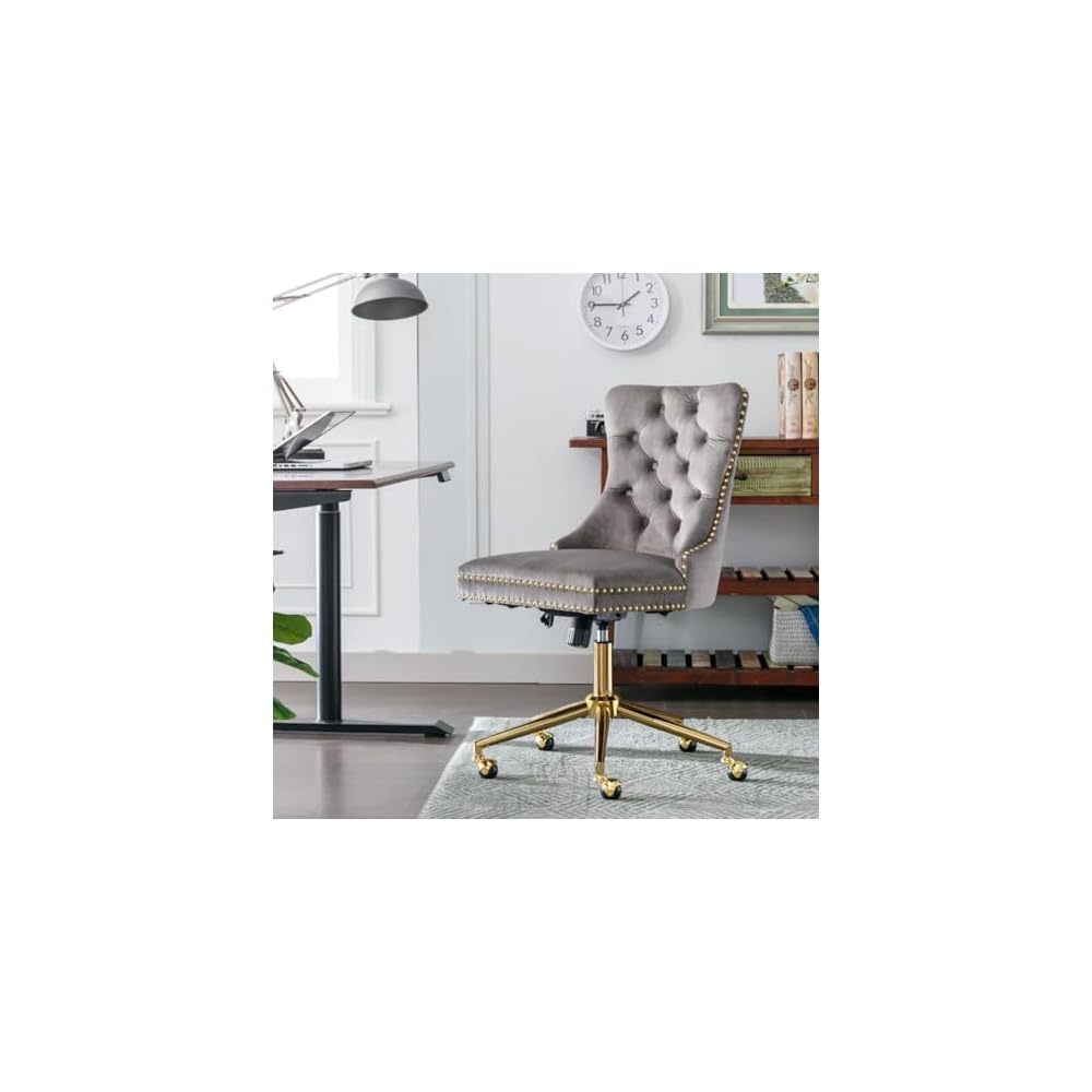 Hassyee Furniture Office Chair,Modern Velvet Upholstered Tufted Button Home Office Chair with Golden Metal Base, Adjustable and Swivel (Gray1)