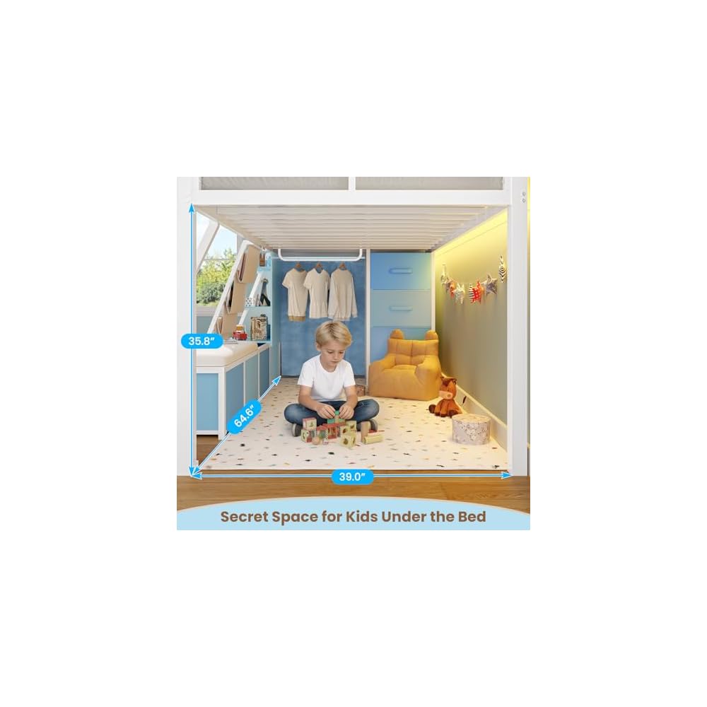 MSmask Low Loft Bed with 7 Storage Drawers & Reading Nook, Kids Twin Loft Bed with Bookshelf, LED Lights & Safety Guardrail, Loft Bed Twin Size with 35.8''H Play Space, Inclined Ladder, White & Blue