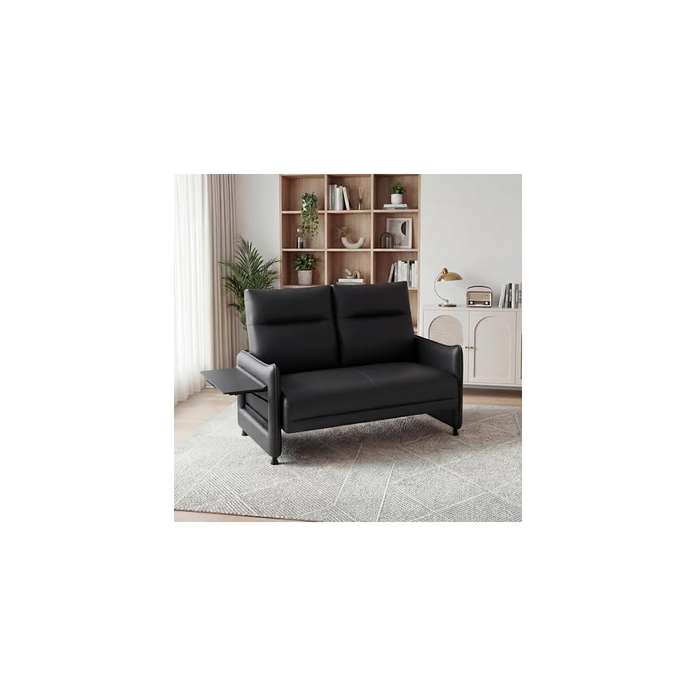 Small Loveseat Sofa Faux Leather 2 Seater Couch with Flip Up Tray Table and Side Pockets for Living Room Bedroom Apartment Office