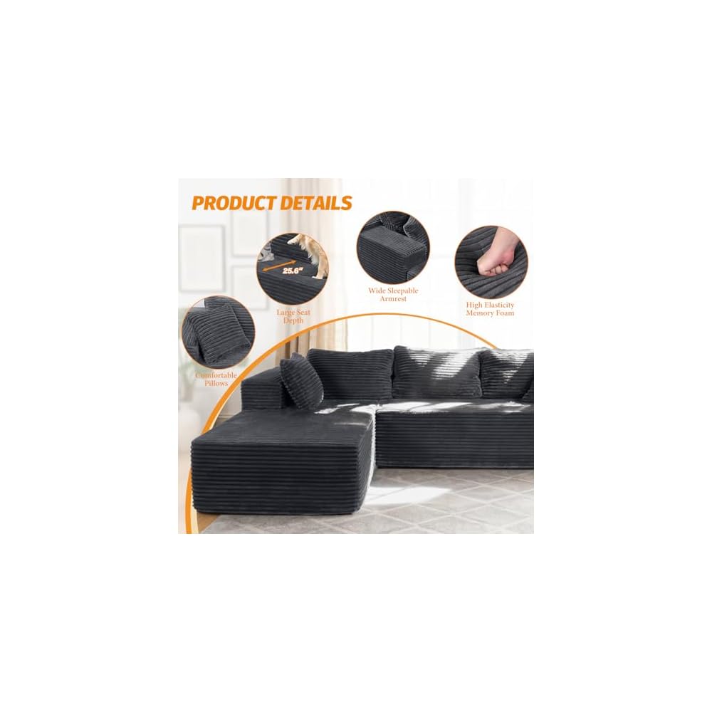 Boneless Couch Modular Sectional Sofa L-Shape Oversized Chaise