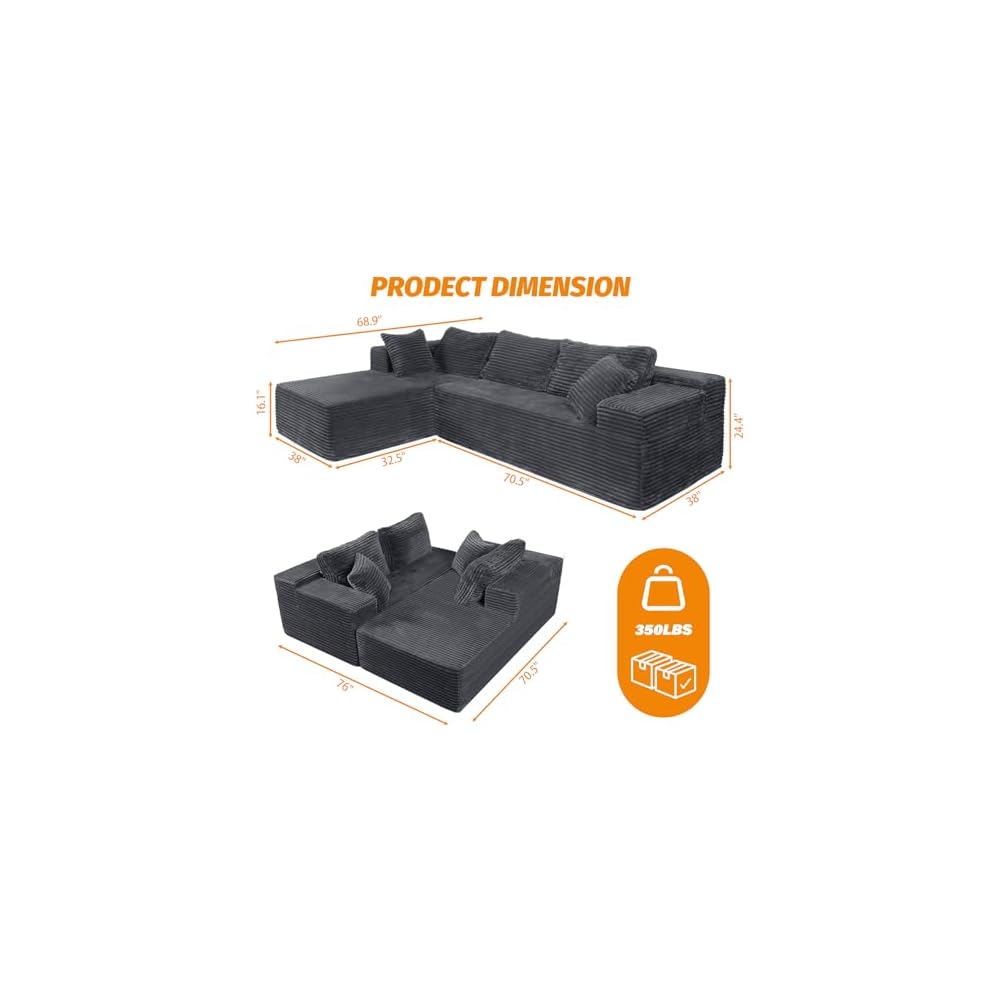 Boneless Couch Modular Sectional Sofa L-Shape Oversized Chaise