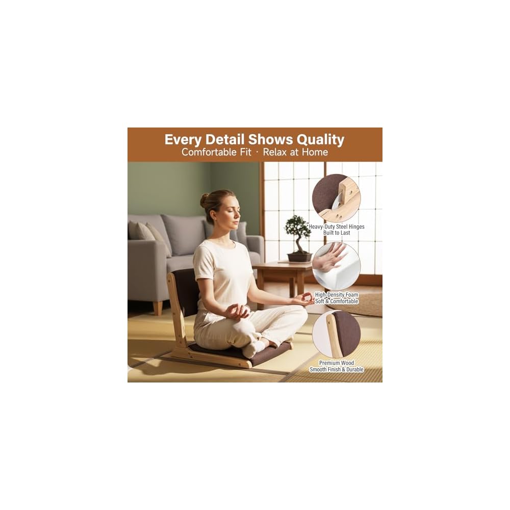 Tiita 2-Pack Foldable Meditation Floor Chairs, Back Support, Wood Brown