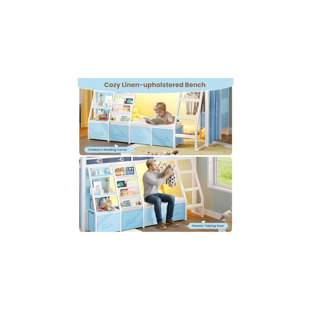 MSmask Low Loft Bed with 7 Storage Drawers & Reading Nook, Kids Twin Loft Bed with Bookshelf, LED Lights & Safety Guardrail, Loft Bed Twin Size with 35.8''H Play Space, Inclined Ladder, White & Blue