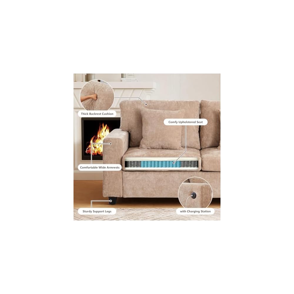 RARZOE 3-Piece Chenille Sofa Set with Ottoman for Living Room (Light Brown)