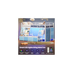 MSmask Low Loft Bed with 7 Storage Drawers & Reading Nook, Kids Twin Loft Bed with Bookshelf, LED Lights & Safety Guardrail, Loft Bed Twin Size with 35.8''H Play Space, Inclined Ladder, White & Blue