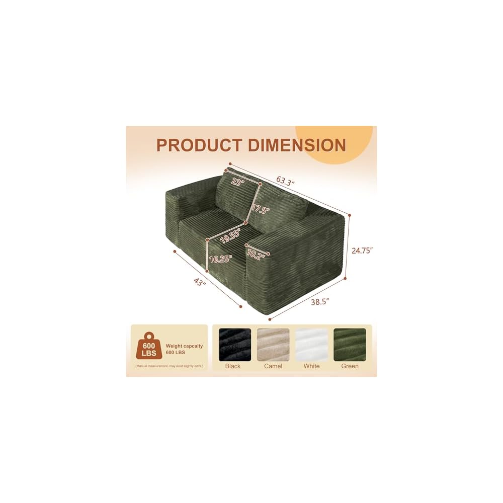 63" Loveseat Sofa Couch in a Box, 2 Seater Boneless Couch, Green