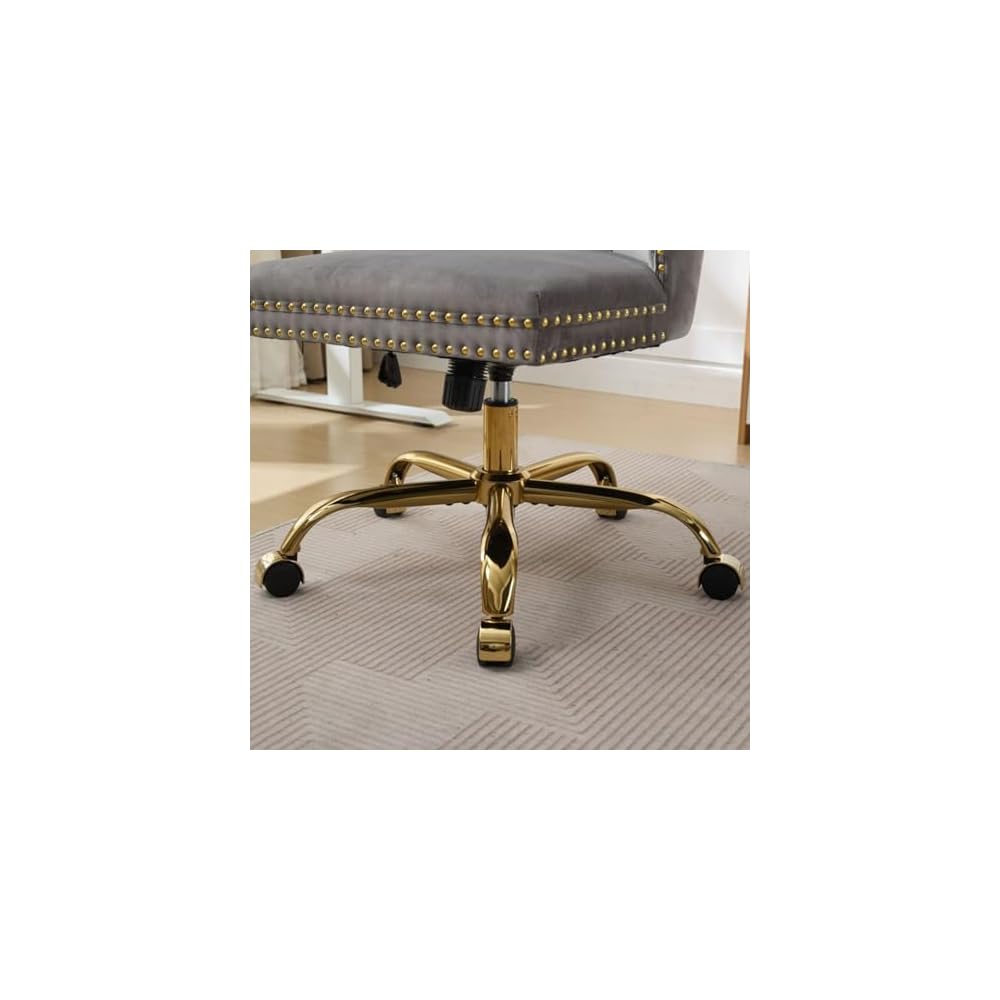 Hassyee Furniture Office Chair,Modern Velvet Upholstered Tufted Button Home Office Chair with Golden Metal Base, Adjustable and Swivel (Gray1)