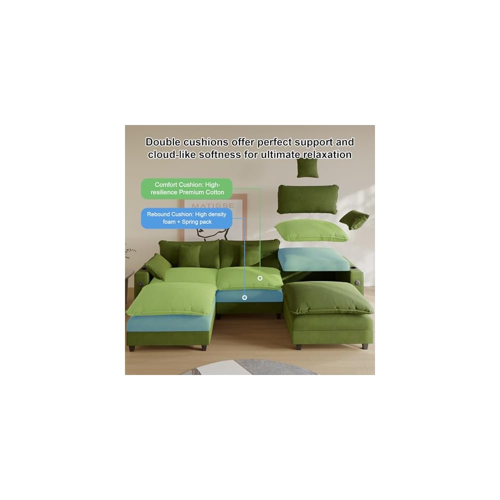 KCGKCG 116" Modular U Shaped Cloud Couch, Chenille Sectional Couches for Living Room with Ottoman, Deep Seat Sofa Cloud Sectional Couch with Charging Station, Cup Holder, Side Pocket, Green