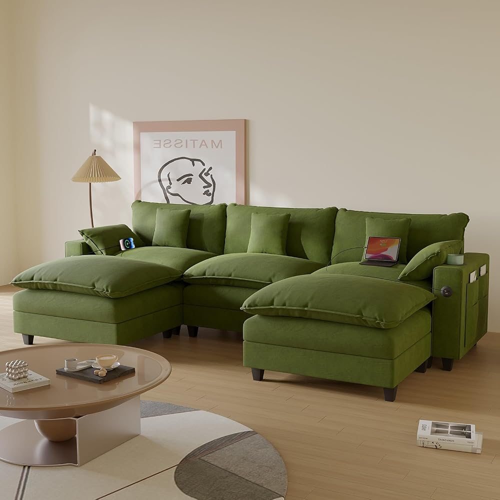 KCGKCG 116" Modular U Shaped Cloud Couch, Chenille Sectional Couches for Living Room with Ottoman, Deep Seat Sofa Cloud Sectional Couch with Charging Station, Cup Holder, Side Pocket, Green