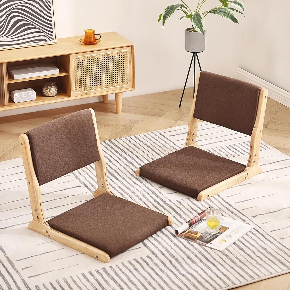 Tiita 2-Pack Foldable Meditation Floor Chairs, Back Support, Wood Brown