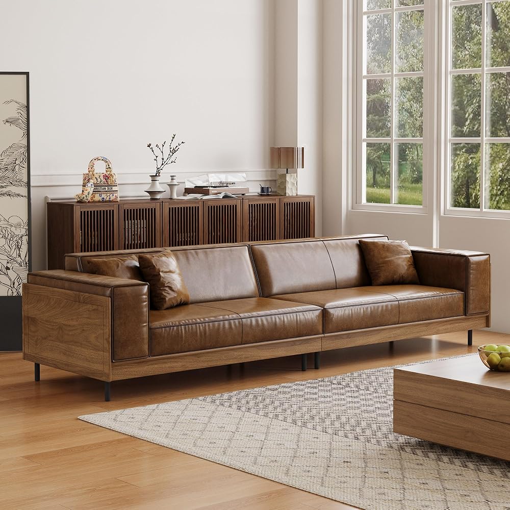 Mid-Century Modern PU Leather Sofa, 110.24" Brown Cloud Couch