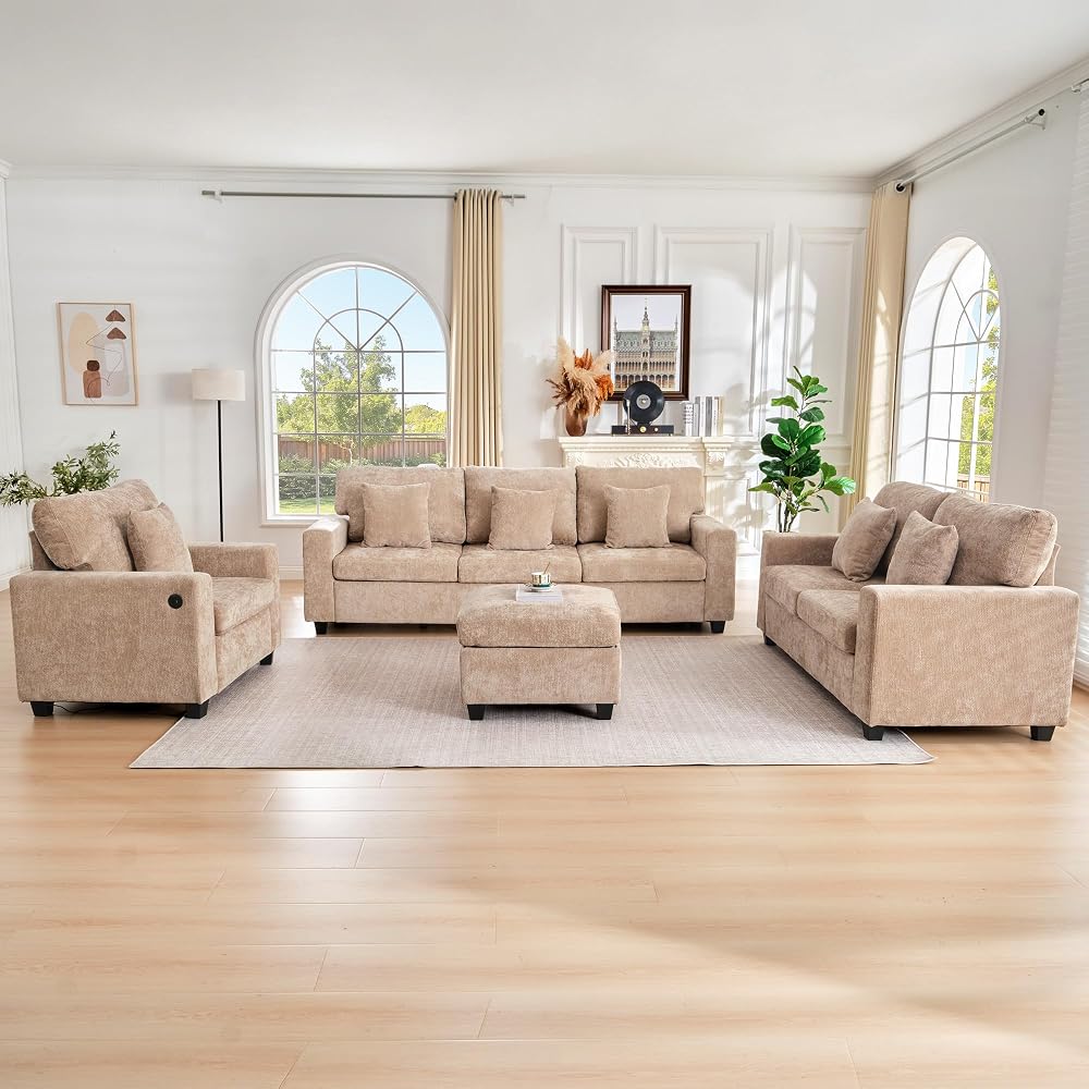 RARZOE 3-Piece Chenille Sofa Set with Ottoman for Living Room (Light Brown)