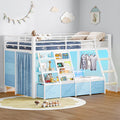 MSmask Low Loft Bed with 7 Storage Drawers & Reading Nook, Kids Twin Loft Bed with Bookshelf, LED Lights & Safety Guardrail, Loft Bed Twin Size with 35.8''H Play Space, Inclined Ladder, White & Blue